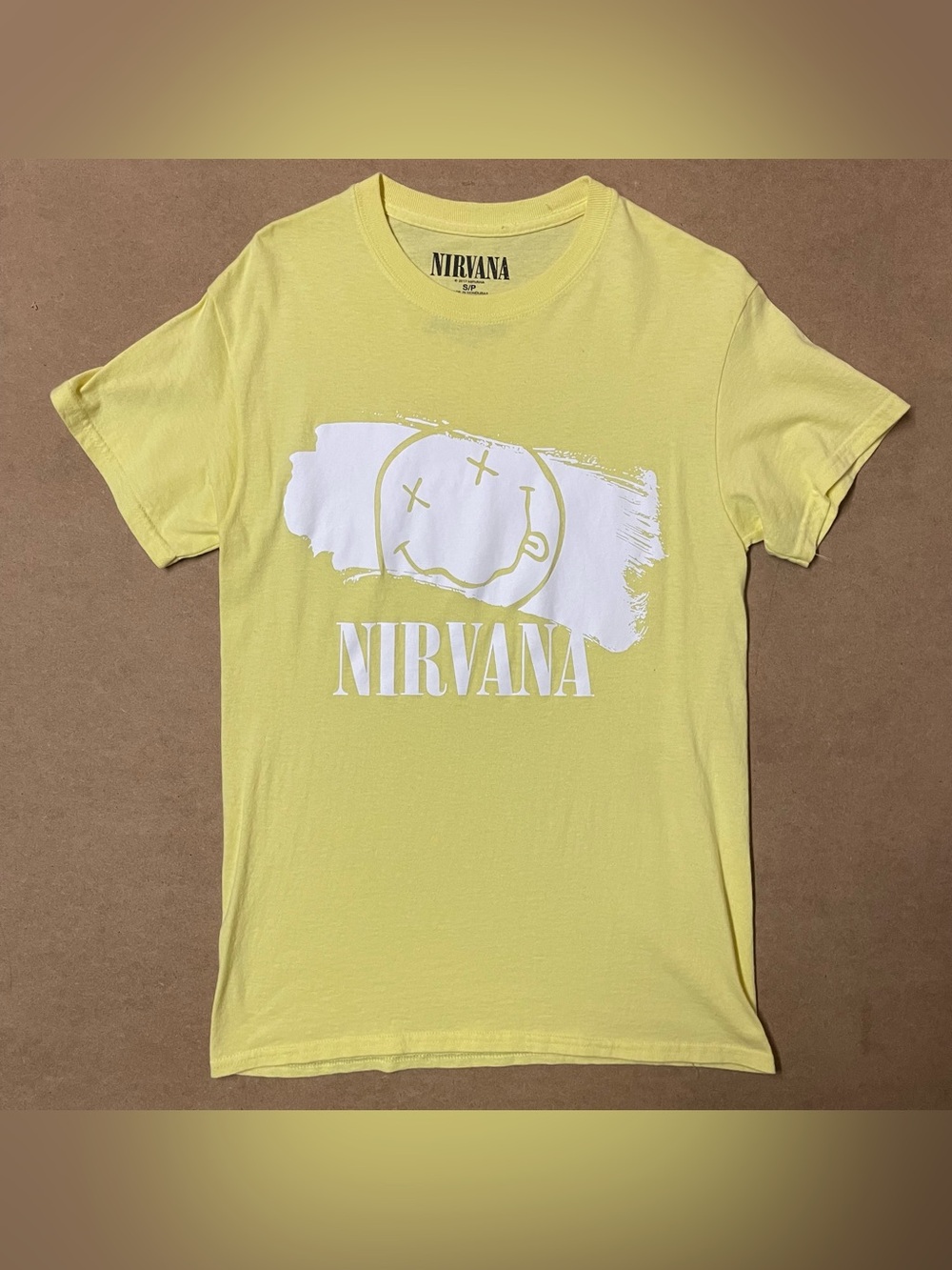Official Nirvana Band T Shirt Mens S Smiley Face Logo Bright Yellow Crewneck